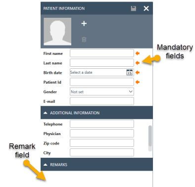 Patient information screen in OtoAccess Database, displaying with yellow arrows which fields are mandatory and where the remark field is. The mandatory fields include the following: first name, last name, birth date and patient ID. Other fields include the following: gender, e-mail, telephone number, name of physician, zip code and city.