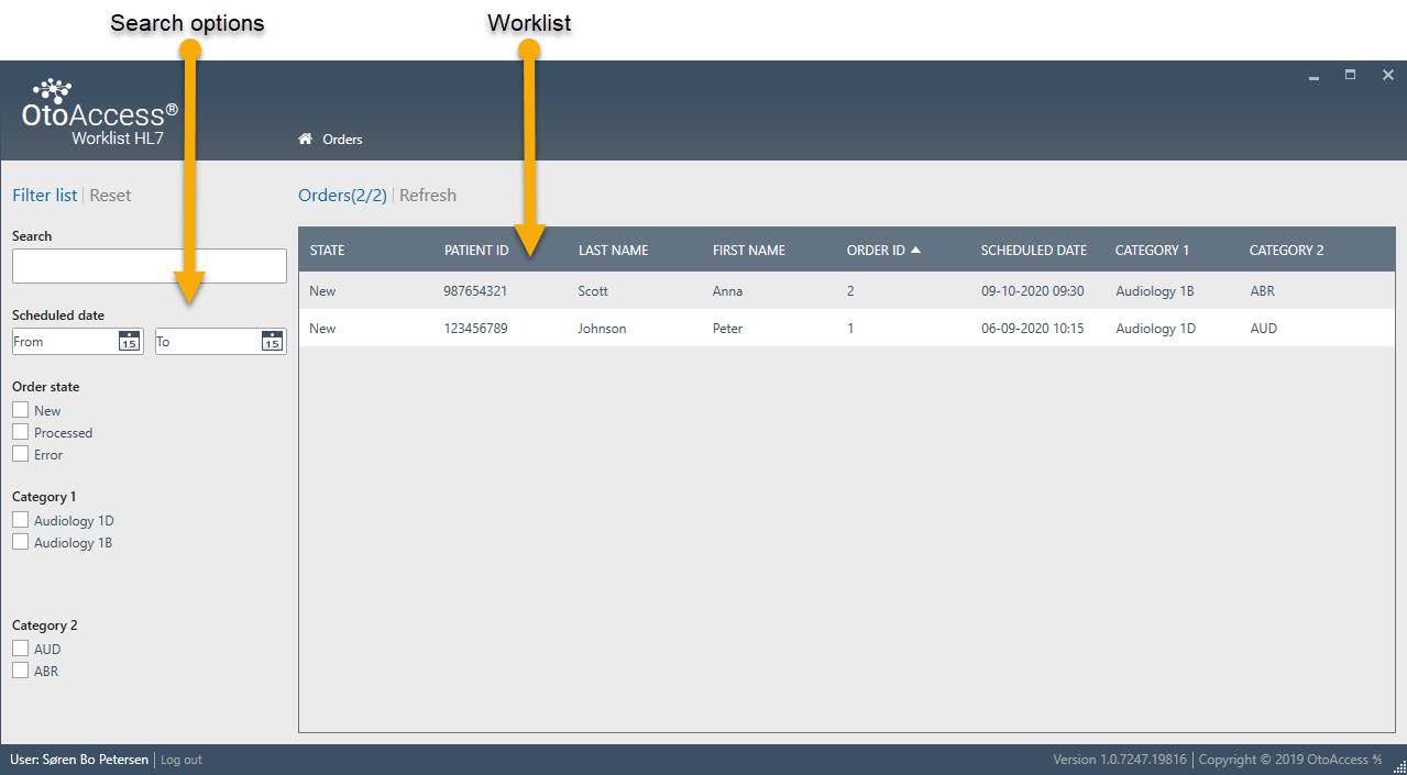 OtoAccess Worklist HL7 patient and appointment information. Search options on the left are indicated by a yellow arrow. The following search options are available: search field, scheduled date, order state, category 1 and category 2. The rest of the screen is populated with the actual patient appointment information, denoted 'worklist', including the following: state, patient id, last name, first name, order id, scheduled date, category 1 and category 2.