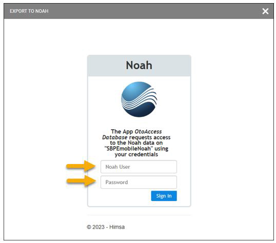 The prompt says ‘The App OtoAccess Database requests access to the Noah data on SBPEmobileNoah using your credentials. Below, there’s two fields to enter the Noah user and password. Finally, there’s a sign in button.