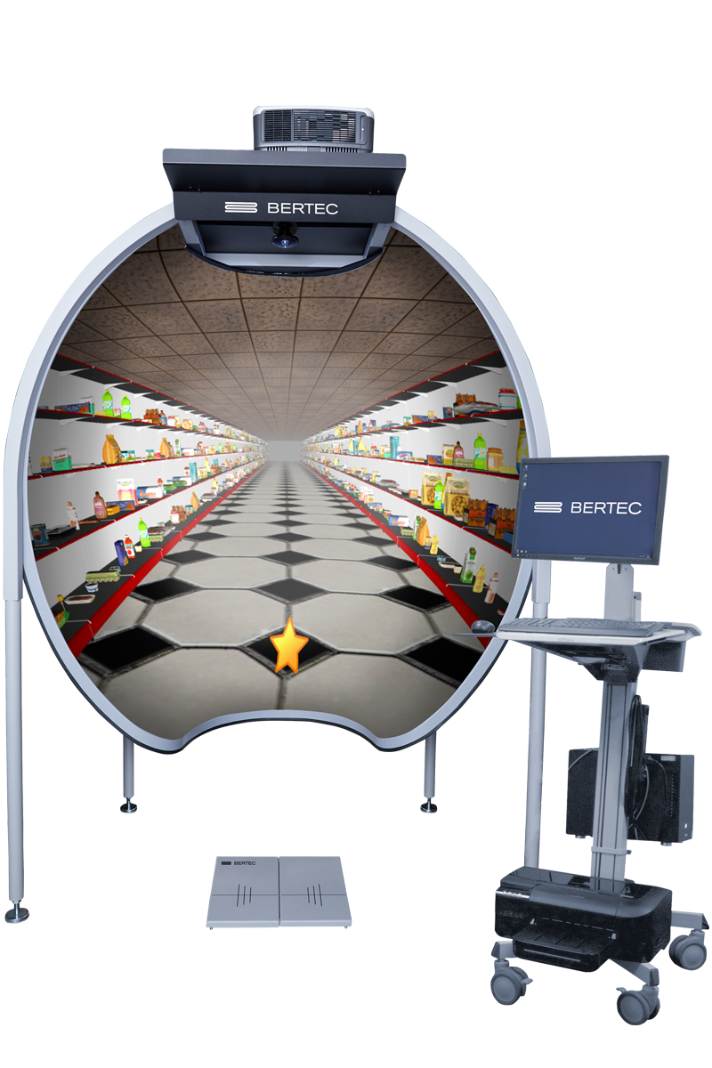 Three-dimensional grocery store, small force plate and a wheeled stand with a computer, screen and printer.