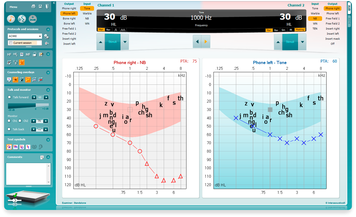 Pure tone audiometry software screen