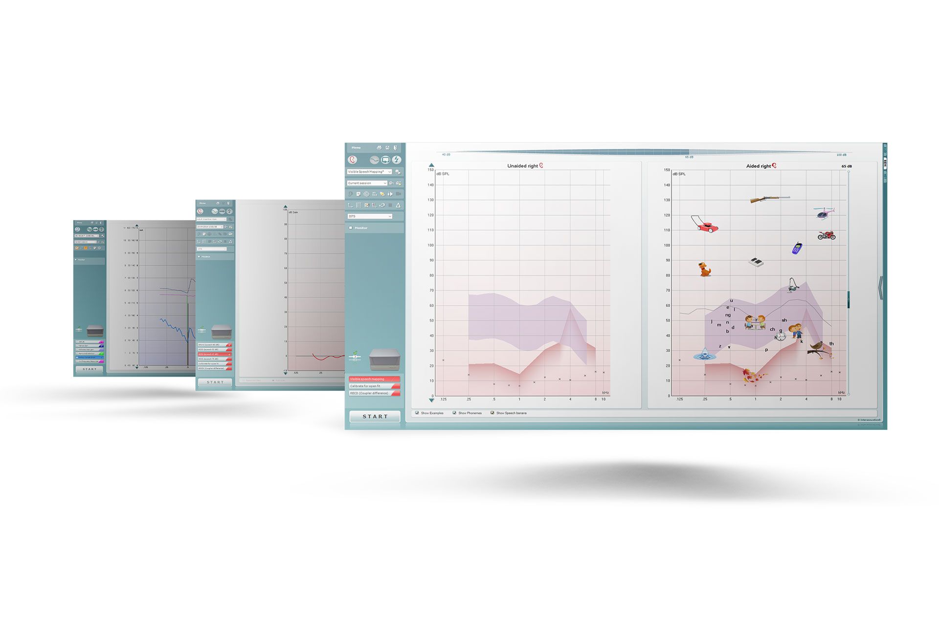 Three screens from the Affinity Suite. Visible speech mapping module shown most clearly.
