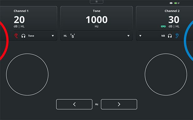 Pure tone audiometry test screen with the Touch Keyboard. For channels 1 and 2, it is possible to change the stimulus level and type. The frequency is displayed toward the top, with buttons below to decrease or increase the frequency