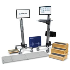 Long force plate, wheeled computer stands, upright foam surface and steps.