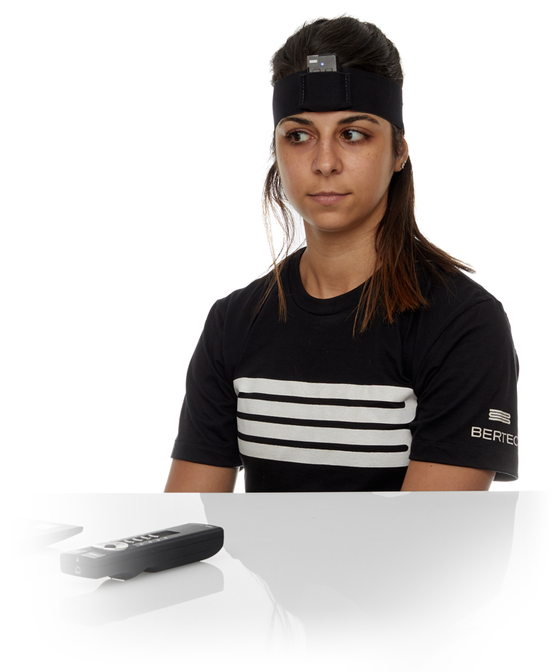 Young woman with her head turned left and eyes fixated to the right.