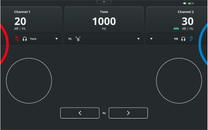 Pantalla de prueba de audiometría de tono puro con el Touch Keyboard. Para los canales 1 y 2, es posible cambiar el nivel y tipo de estímulo. La frecuencia se muestra en la parte superior, con los botones debajo para disminuir o aumentar la frecuencia.