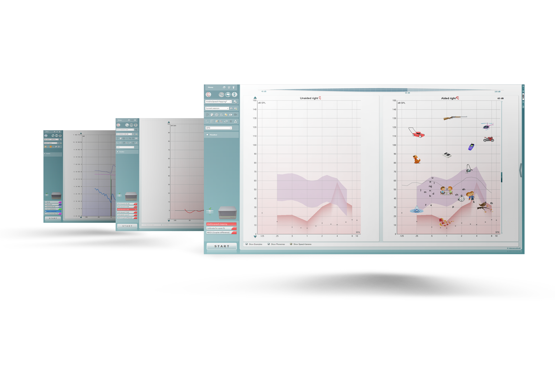 Three screens from the Affinity Suite. Visible speech mapping module shown most clearly.