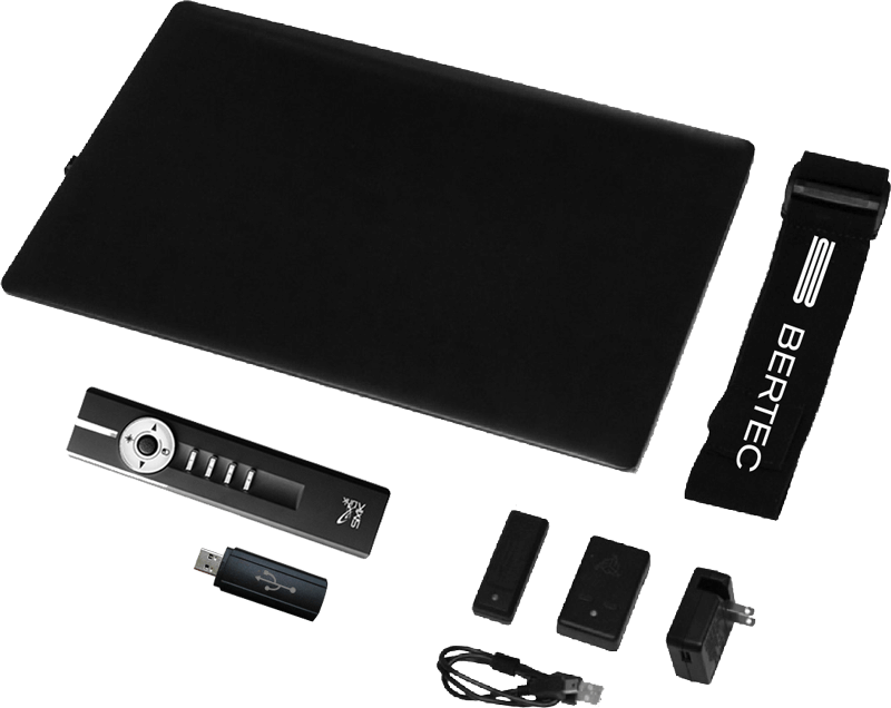 Laptop, remote, USB dongle and accessories.