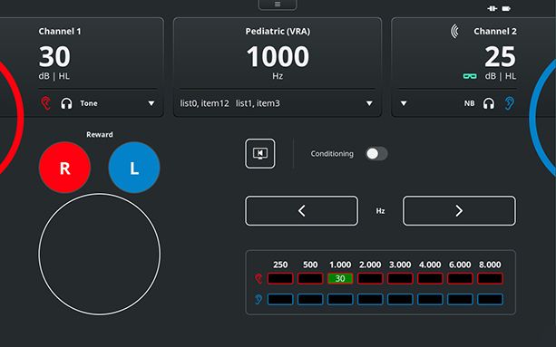 Pediatric (VRA) test screen with the Touch Keyboard. For channels 1 and 2, it is possible to change the stimulus level and type. There are buttons to reward right or left, enable conditioning, and change the frequency level. Finally, there is a table showing the scored hearing threshold for each ear and for each frequency
