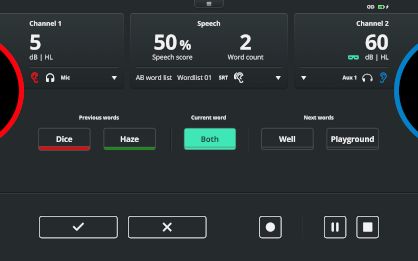 Speech test screen with the Touch Keyboard. For channels 1 and 2, it is possible to change the stimulus level. A speech score is displayed alongside the word count and word list. Below, there are previous words labeled red if the response was incorrect and green if the response was correct. The current word is highlighted in the middle with the next words displayed to the right. At the bottom, the user can score correct or incorrect using the checkmark and cross buttons, respectively. There are also the options to pause or stop the test