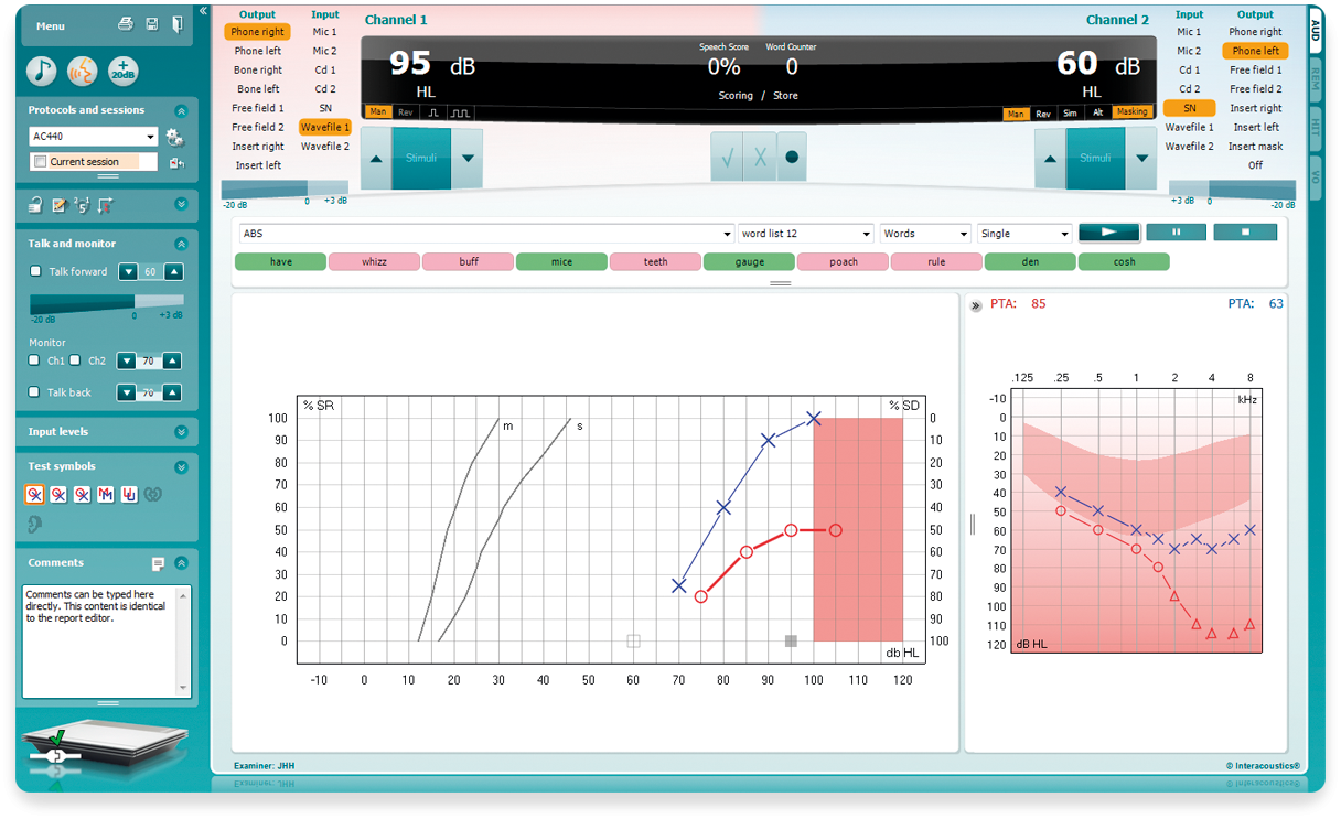 Speech audiometry software screen