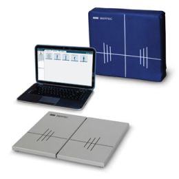 Small force plate, laptop and an upright foam surface.