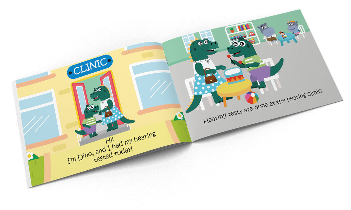 Animated children’s book that shows a child and mother hippo who have been to a hearing clinic.  