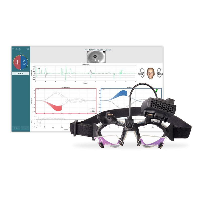 EyeSeeCam vHIT goggle in front of vHIT software screen